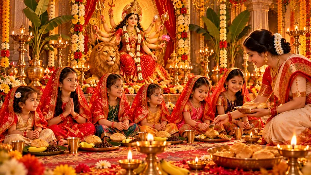 अष्टमी पर लाल चुनरी ओढ़े कन्याओं को हलवा-पूरी परोसते हुए