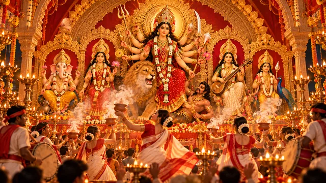 Dhunuchi dancing before the Durga image in a Kolkata pandal