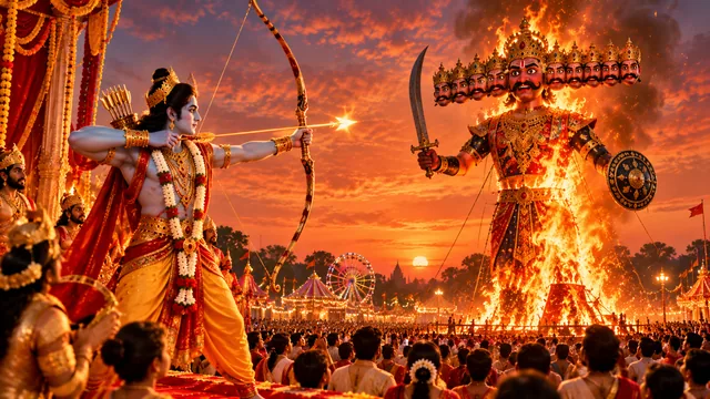 Rama with his bow drawn and the burning Ravana effigy before a crowd at a Ramlila ground at dusk