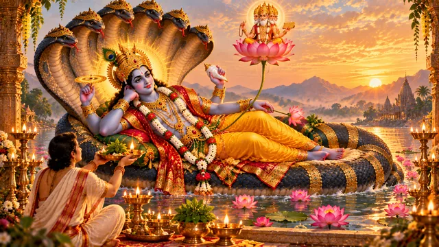 शेषनाग पर विराजमान भगवान पद्मनाभ, नाभि-कमल पर ब्रह्मा जी, और भोर में दीपक अर्पित करती भक्त