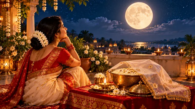 पूर्णिमा के बड़े चांद के नीचे छत पर रखी खीर और दीपक